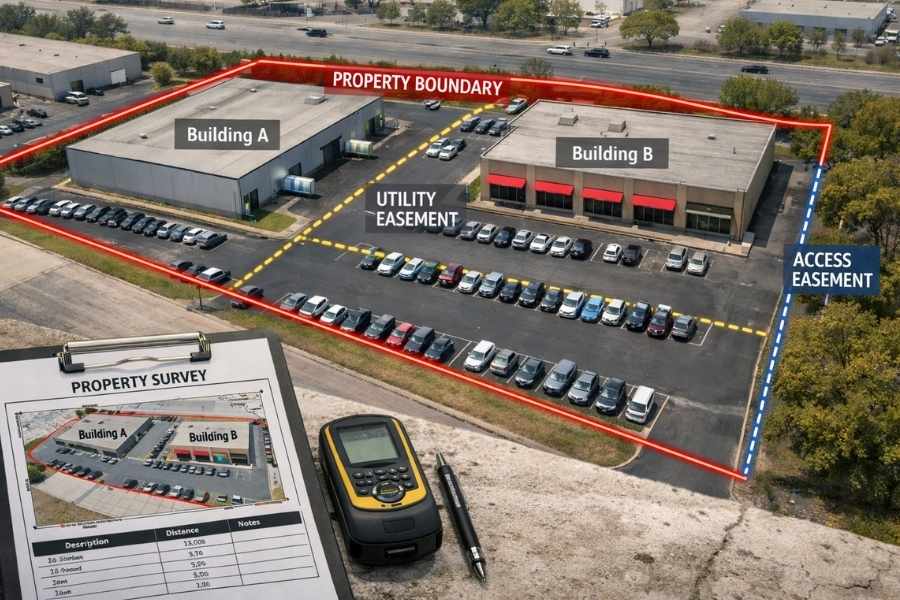 Commercial property showing ALTA survey boundary lines and easement locations before a real estate closing