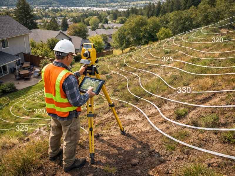 Land surveyor performing a topographic survey on a sloped residential property with contour elevation mapping
