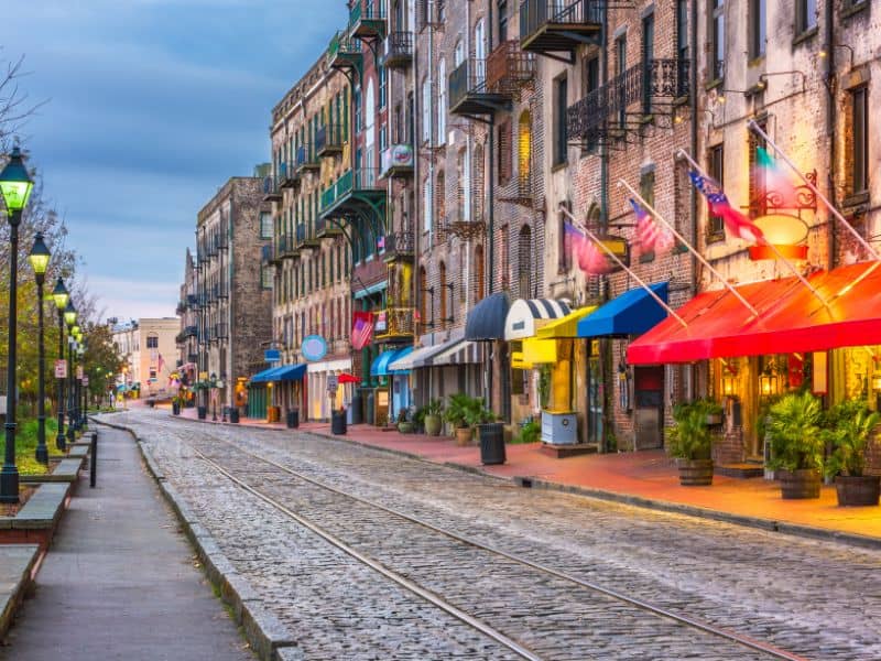 Historic Savannah, Georgia street scene representing professional land surveying services, property surveys, and land development planning in Savannah