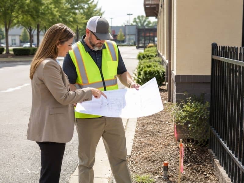 ALTA Title Survey in Savannah Georgia showing a surveyor reviewing property boundaries and encroachment findings