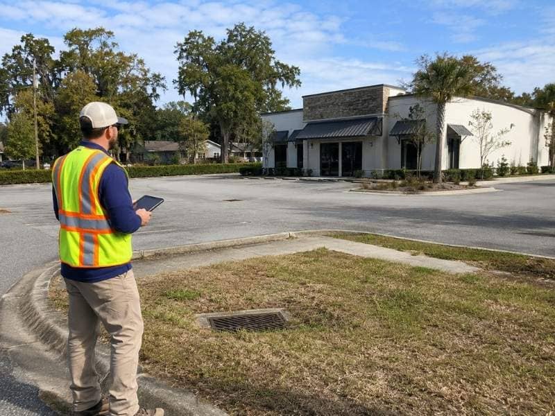 due diligence survey professional reviewing property conditions in Savannah Georgia