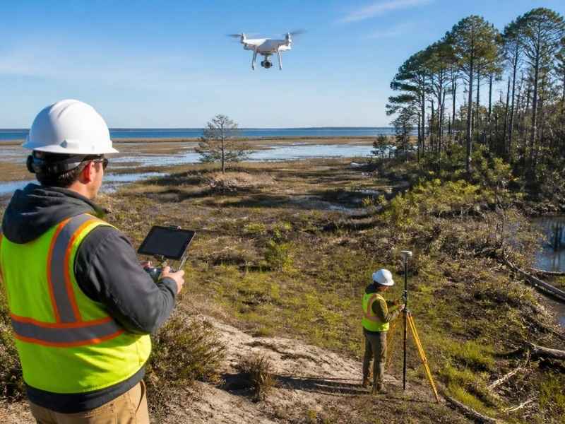 Drone land surveying in Savannah GA showing aerial mapping over a large, rough site while survey crews collect supporting ground measurements.