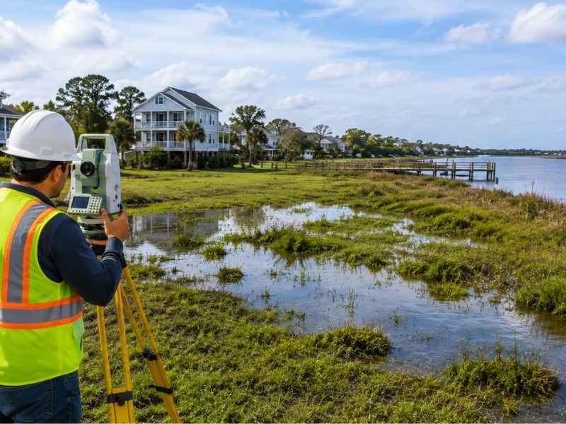 Elevation survey in Savannah, Georgia, measuring low-lying coastal land to help evaluate flood risk.