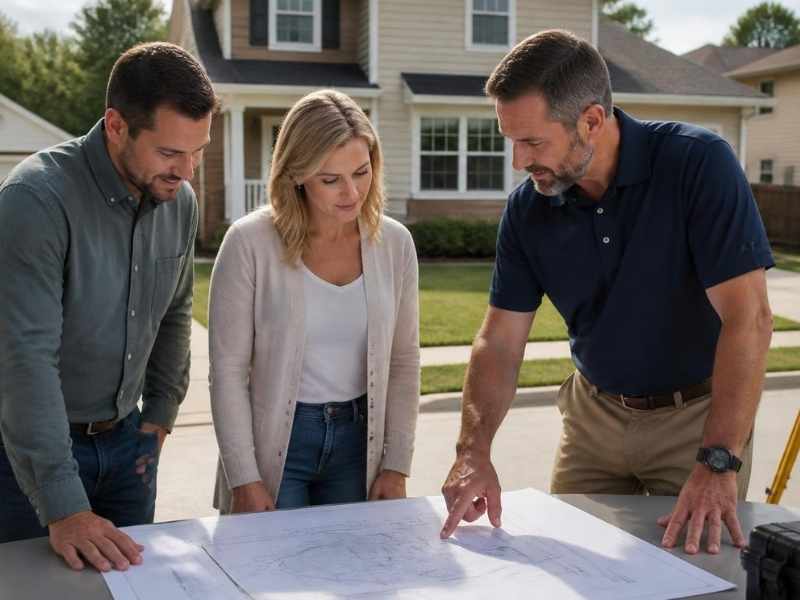 Mortgage survey in Savannah GA showing a homebuyer and surveyor reviewing property boundaries, improvements, and survey information before closing.