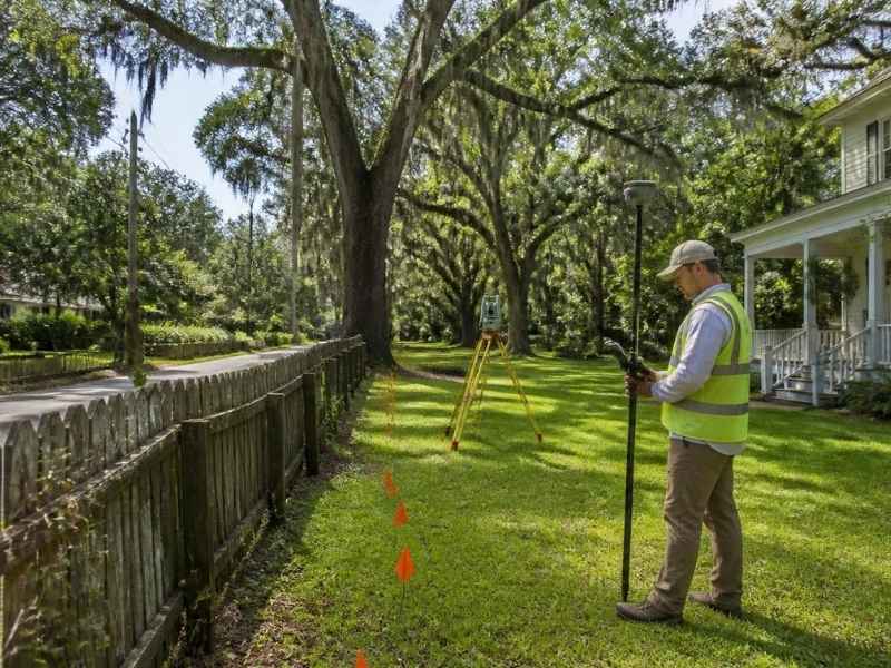 Licensed surveyor performing a boundary line survey to verify property lines near an existing fence in Savannah, GA.