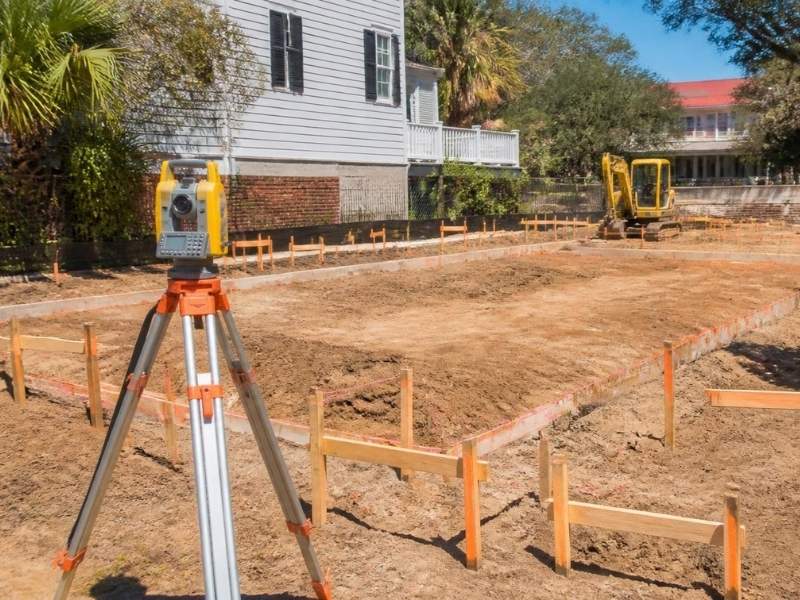 Construction staking in Savannah GA marking building corners, foundation lines, and elevation points on an active jobsite.
