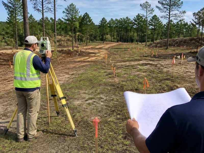 Land surveyor marking boundaries and planning new lots and roads during a subdivision survey in Savannah, GA.